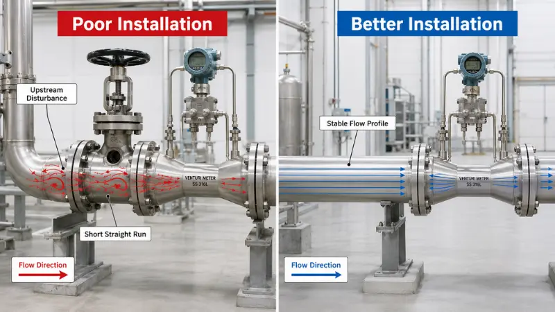 Correct and incorrect Venturi meter installation showing upstream disturbance and straight pipe run requirements