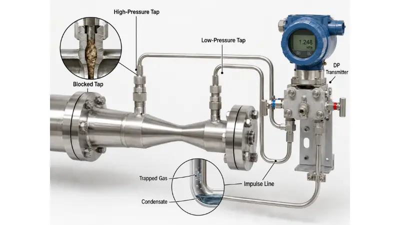 Create a realistic technical close-up image of a Venturi meter pressure tap and impulse line blockage. Show a stainless steel Venturi pipe section with two pressure taps connected to impulse lines and a DP transmitter. Add two magnified realistic cutaway circles: one showing debris blocking the high-pressure tap, another showing condensate or trapped gas in an impulse line. Use realistic metal, pipe fittings, valves, and transmitter details. Add English labels: 