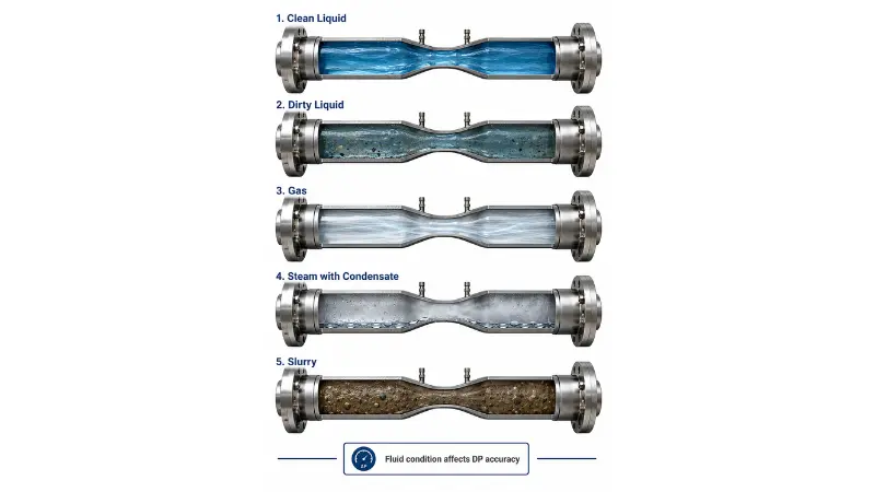Venturi meter fluid condition comparison showing clean liquid, dirty liquid, gas, steam condensate, and slurry flow