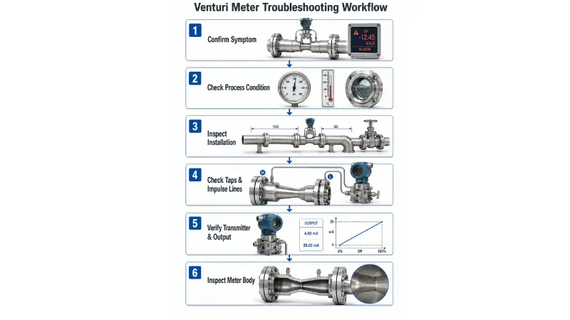 Step-by-step Venturi meter troubleshooting workflow for checking process conditions, installation, impulse lines, transmitter, and meter body