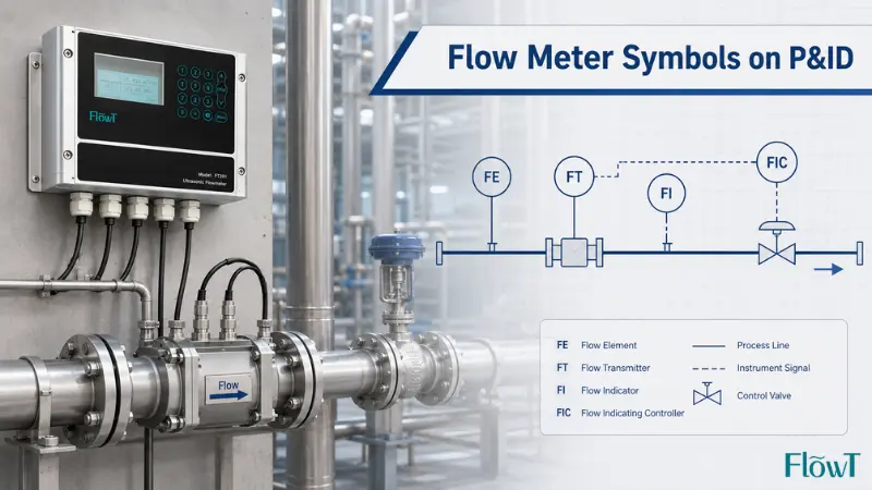 Flow meter symbols on a P&ID diagram overlaid on an industrial piping system Flow meter symbols on a P&ID diagram overlaid on an industrial piping system