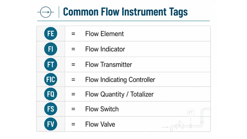 Common flow instrument tags on P&ID diagrams including FE, FI, FT, FIC, FQ, FS, and FV Common flow instrument tags on P&ID diagrams including FE, FI, FT, FIC, FQ, FS, and FV