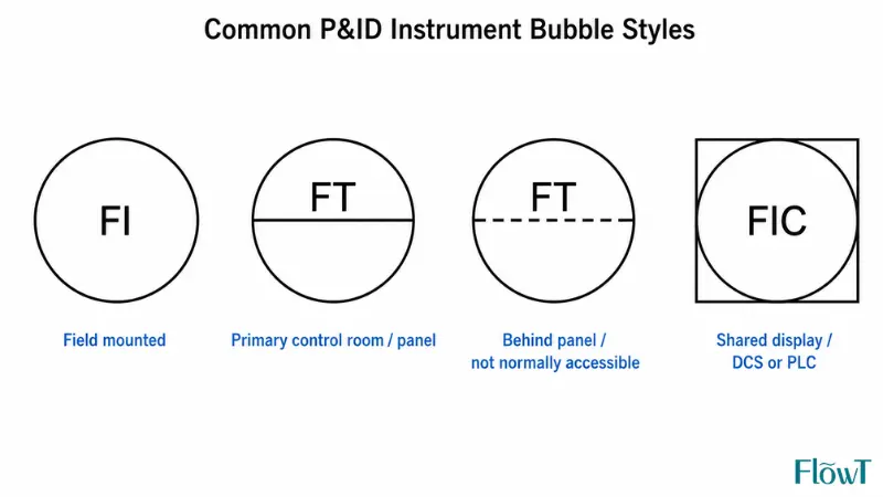 Common P&ID instrument bubble styles for flow instruments including field mounted, panel mounted, behind panel, and shared display Common P&ID instrument bubble styles for flow instruments including field mounted, panel mounted, behind panel, and shared display