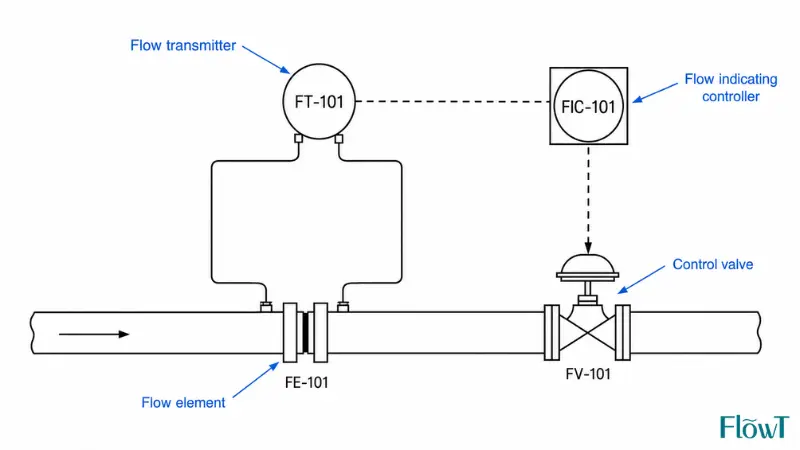 P&ID flow control loop example showing FE-101, FT-101, FIC-101, and FV-101 P&ID flow control loop example showing FE-101, FT-101, FIC-101, and FV-101