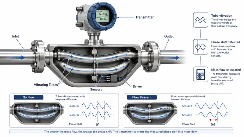 Technical diagram showing how a Coriolis flow meter measures mass flow using vibrating tubes and phase shift Technical diagram showing how a Coriolis flow meter measures mass flow using vibrating tubes and phase shift