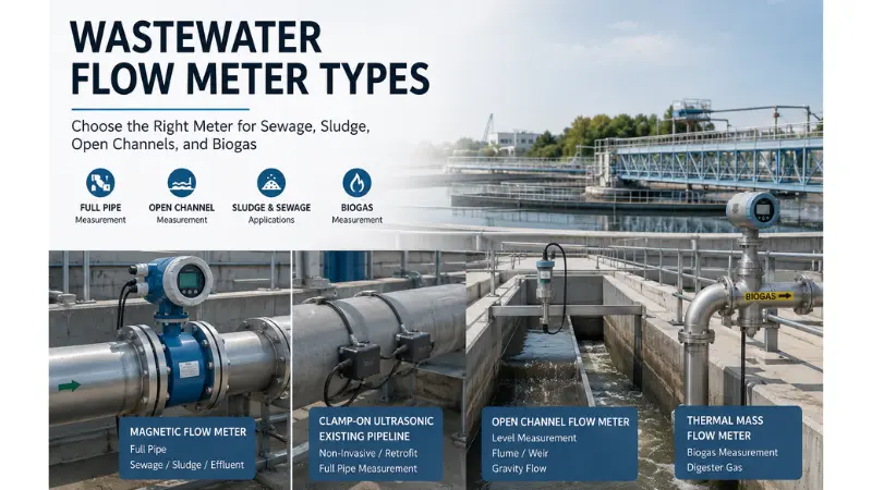 Wastewater treatment plant showing magnetic, ultrasonic, open channel, and biogas flow meter applications.