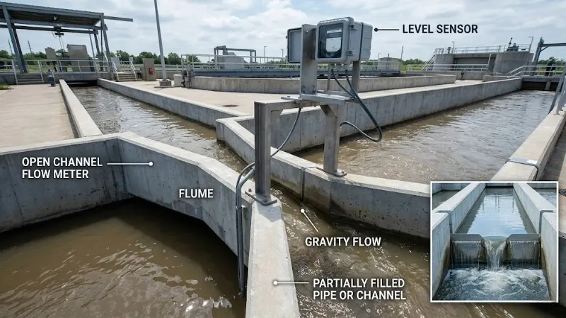 Open channel wastewater flow measurement using a flume and level sensor for gravity flow.