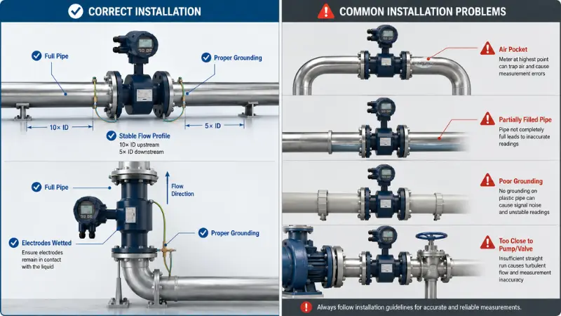 Correct and incorrect electromagnetic flowmeter installation showing full pipe grounding and flow profile requirements Correct and incorrect electromagnetic flowmeter installation showing full pipe grounding and flow profile requirements