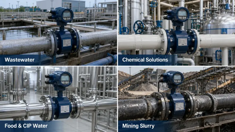 Electromagnetic flowmeter applications in wastewater chemical food beverage and mining slurry pipelines Electromagnetic flowmeter applications in wastewater chemical food beverage and mining slurry pipelines
