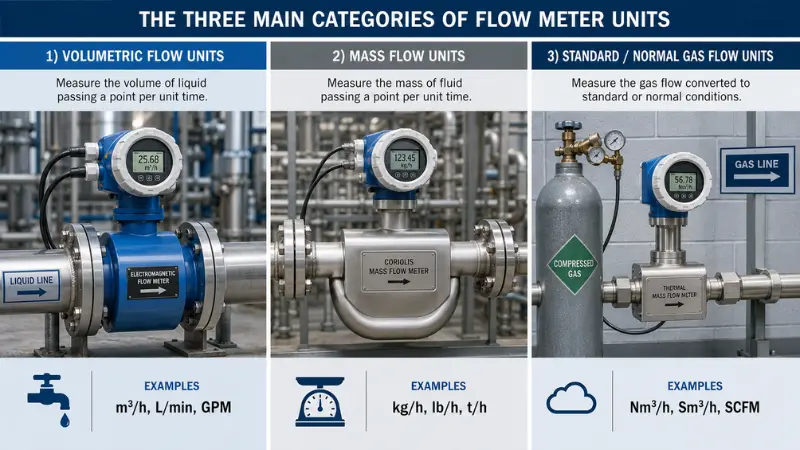 Three categories of flow meter units: volumetric flow units, mass flow units, and standard gas flow units Three categories of flow meter units: volumetric flow units, mass flow units, and standard gas flow units