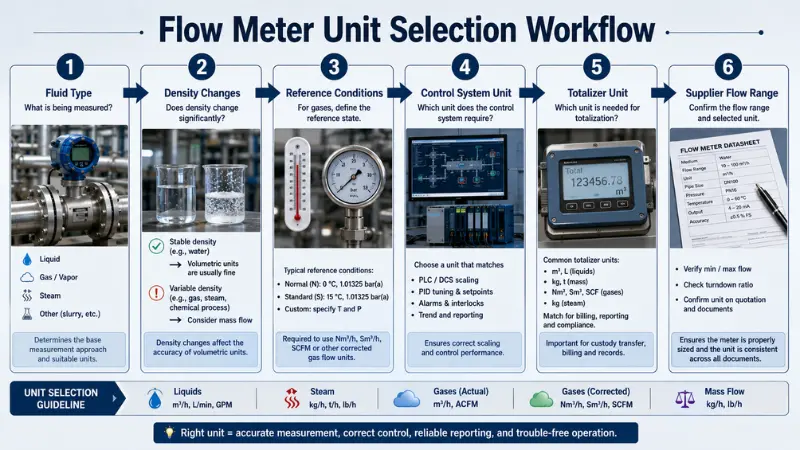 Step-by-step workflow for choosing the right flow meter unit for liquids, gases and steam Step-by-step workflow for choosing the right flow meter unit for liquids, gases and steam