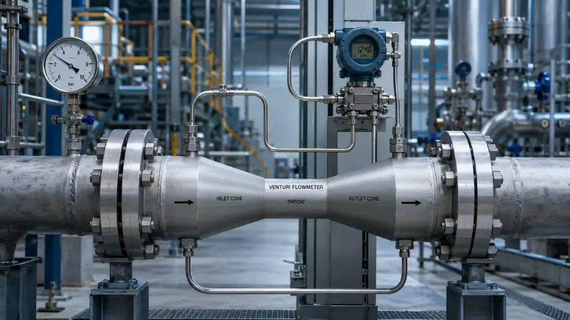 Coriolis mass flow meter installed on an industrial process pipeline Coriolis mass flow meter installed on an industrial process pipeline