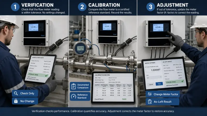 Difference between flow meter verification, calibration, and adjustment using a reference standard and meter factor correction. Difference between flow meter verification, calibration, and adjustment using a reference standard and meter factor correction.