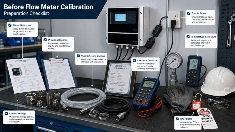 Flow meter calibration preparation checklist with datasheet, previous records, reference standard, fittings, instruments, PPE, and LOTO. Flow meter calibration preparation checklist with datasheet, previous records, reference standard, fittings, instruments, PPE, and LOTO.