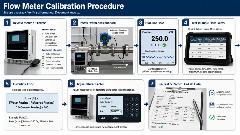 Step-by-step flow meter calibration procedure from reviewing process conditions to recording as-left calibration data. Step-by-step flow meter calibration procedure from reviewing process conditions to recording as-left calibration data.