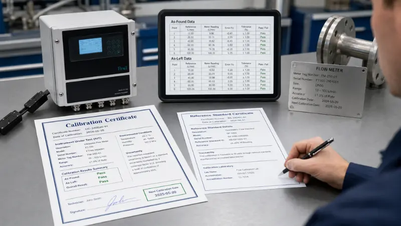 Flow meter calibration certificate showing meter tag number, reference standard ID, as-found data, as-left data, tolerance, and pass or fail result. Flow meter calibration certificate showing meter tag number, reference standard ID, as-found data, as-left data, tolerance, and pass or fail result.
