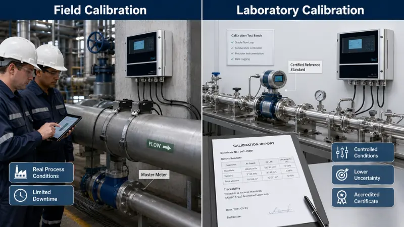 Field calibration versus laboratory calibration for industrial flow meters using on-site master meter and controlled lab test bench. Field calibration versus laboratory calibration for industrial flow meters using on-site master meter and controlled lab test bench.
